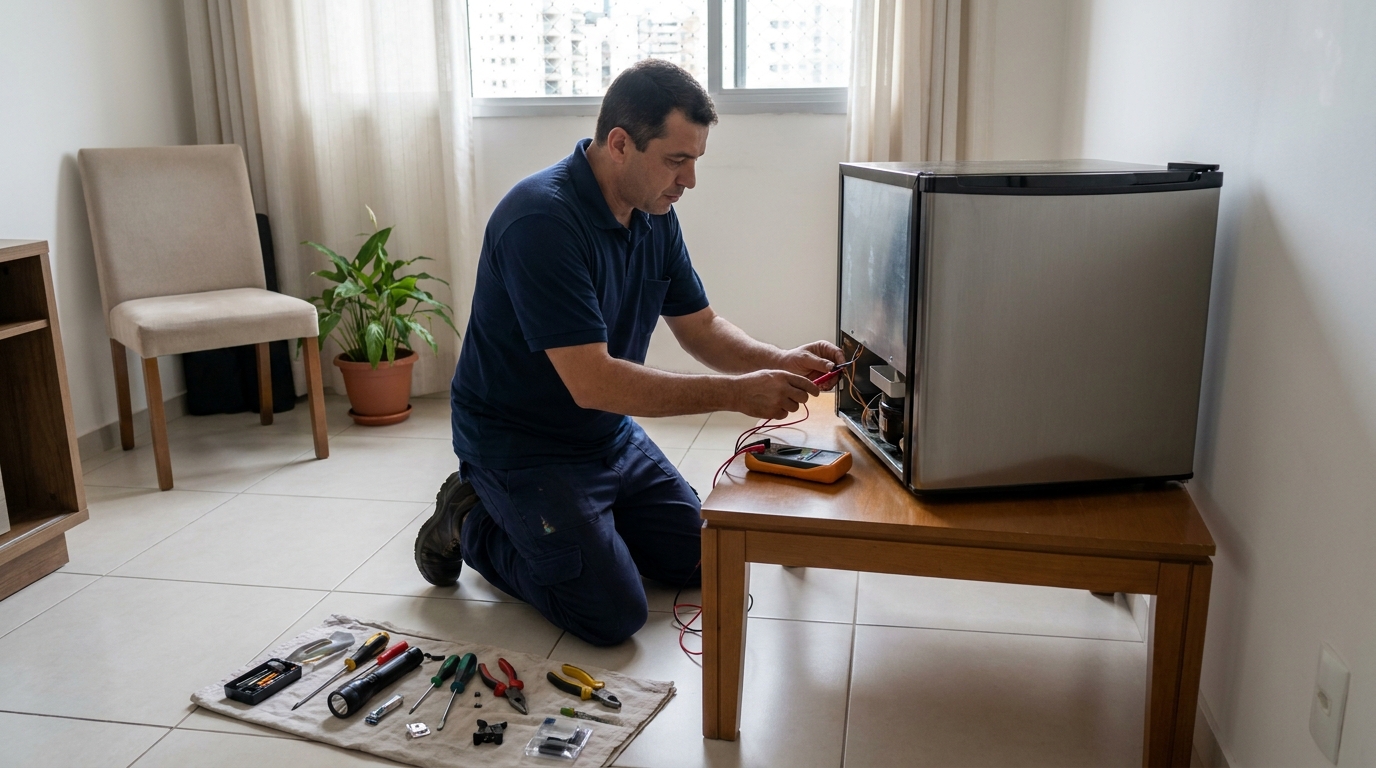 Técnico fazendo manutenção do motor de frigobar em Limeira‑SP