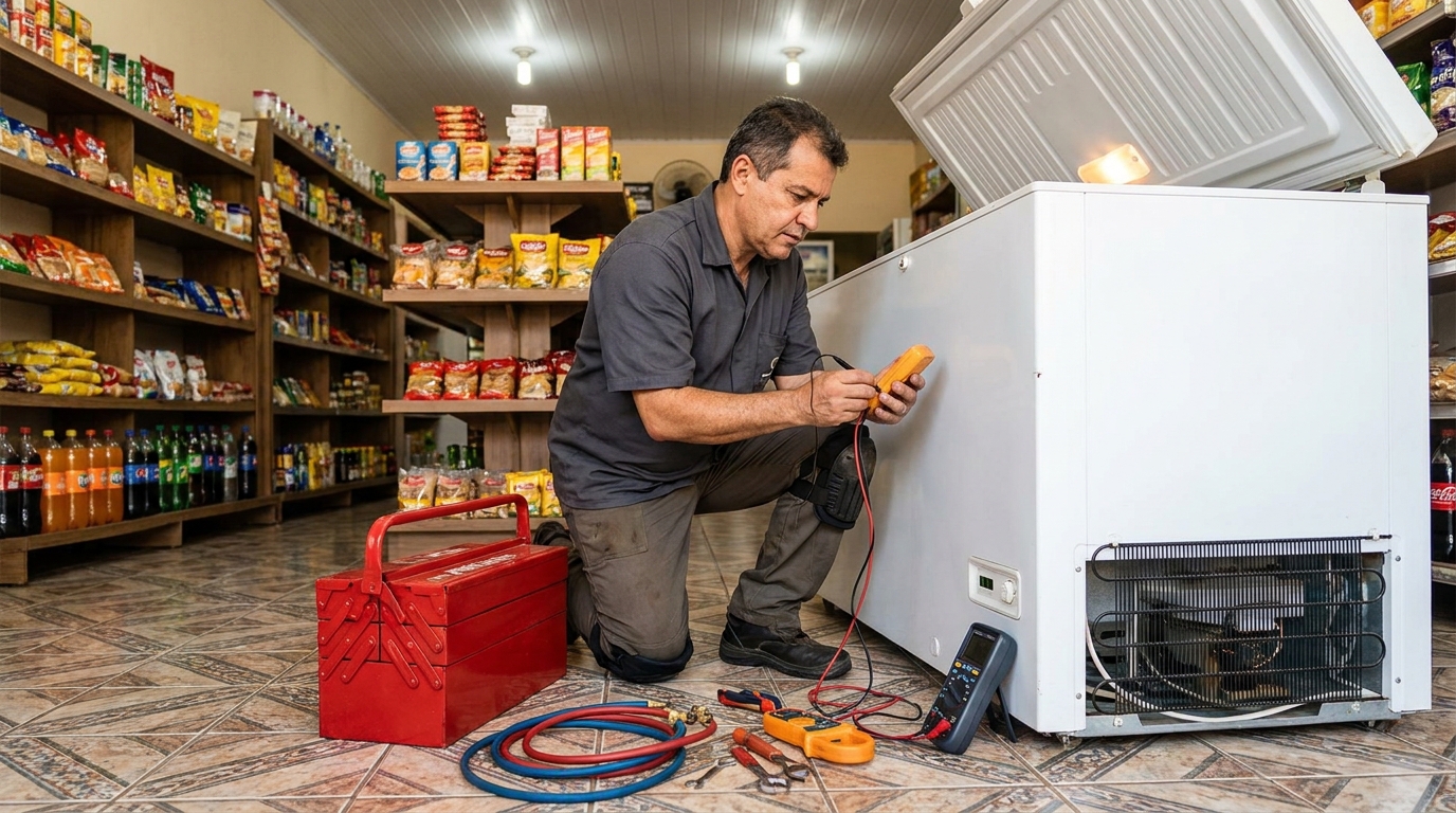 Recarga de gás refrigerante no freezer durante atendimento em Limeira‑SP
