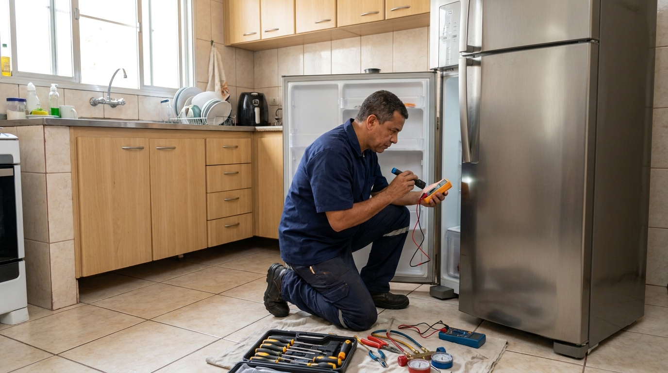 Técnico aplicando recarga de gás refrigerante em geladeira em Limeira‑SP