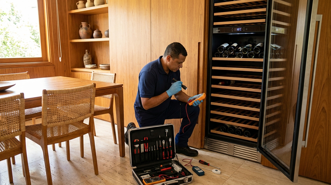 Substituição de termostato em adega climatizada em visita técnica em Limeira‑SP