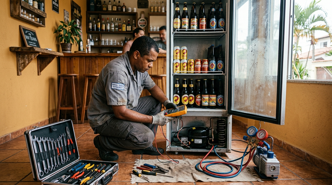 Substituição de termostato de cervejeira em serviço técnico em Limeira‑SP